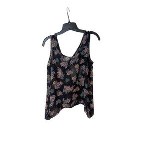 Mine Navy Blue Floral Sheer Back Tie Round Neck Sleeveless Blouse Sz S